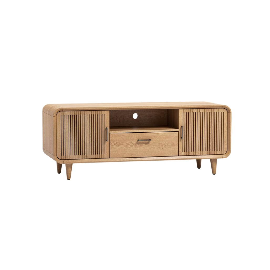 Mid-Century Modern Oak TV Stand with Ribbed Doors and Open Shelving