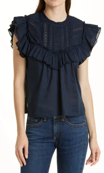 Premium Veronica Beard Women's INK Tamsyn Ruffled Top, 0