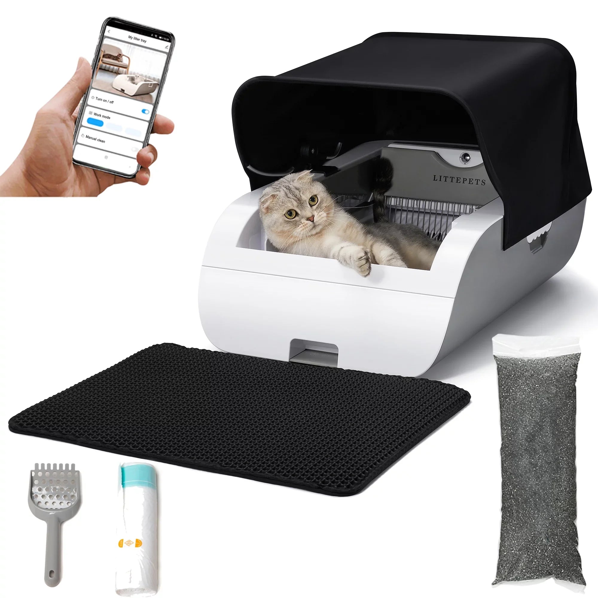 Suhaco Automatic Cat Litter Box Self Cleaning Litter Box Smart Intelligent Sensing Anti-pinch No Scooping Odor Removal APP Control with Hood & Litter Mat - Great Deal! - Great Deal!